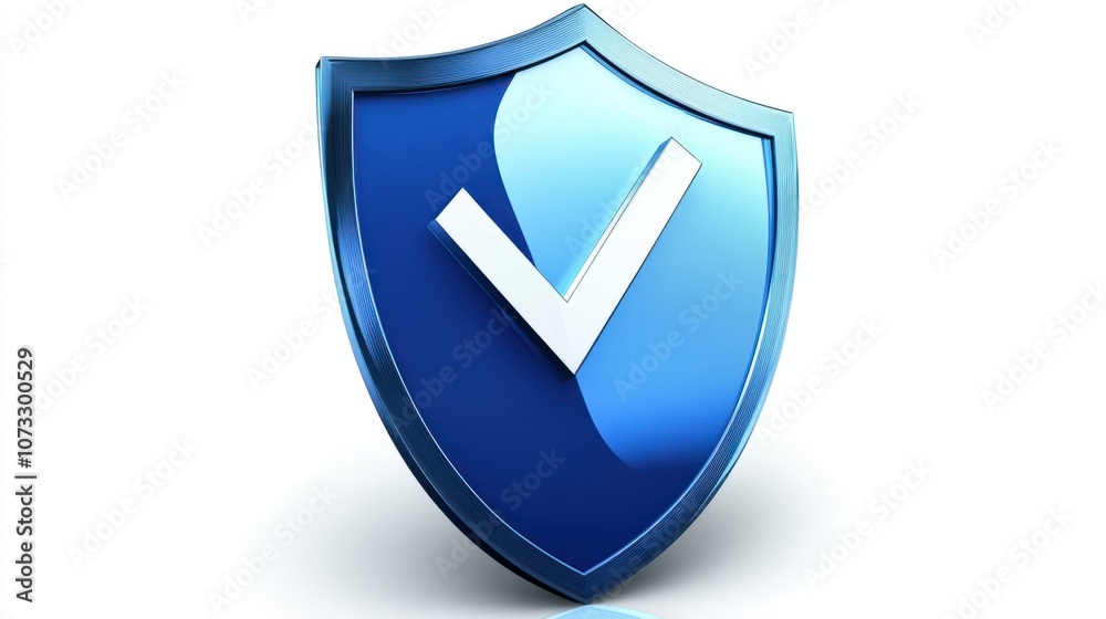 Glossy blue shield with checkmark icon, isolated on white background, perfect for safety symbols Glossy blue shield with checkmark icon, isolated on white background, perfect for safety symbols