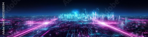 Wallpaper Mural nostalgic 80s cityscape, fuchsia geometric plane, cerulean light burst, twilight atmosphere, synthpop album cover style, computer graphics Torontodigital.ca