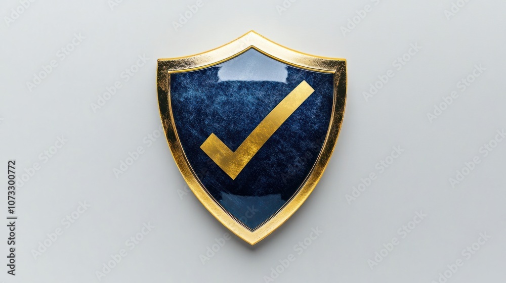 Gold and blue shield with checkmark, isolated on white background for premium security representation Gold and blue shield with checkmark, isolated on white background for premium security representation