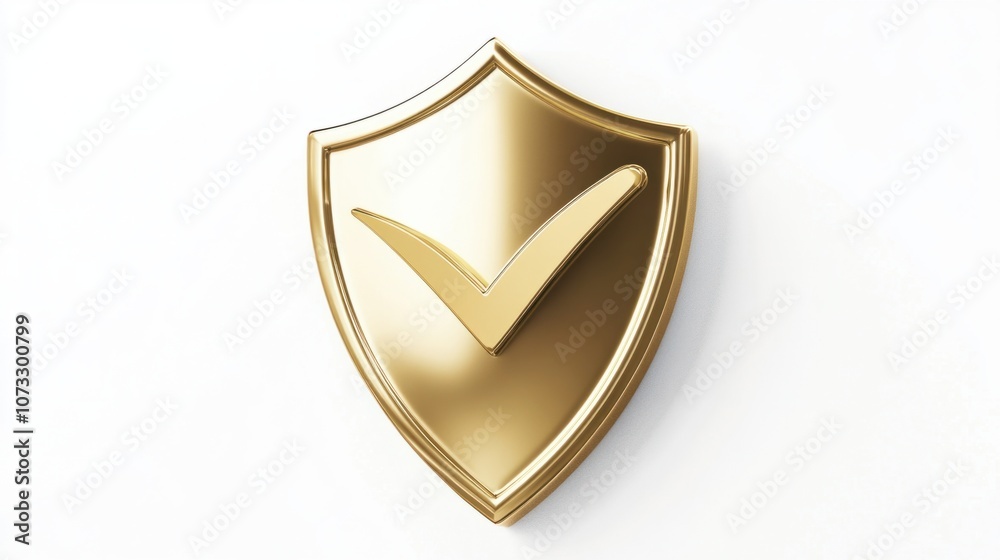 Golden 3D shield with a bold checkmark, isolated on white, representing premium security and trust Golden 3D shield with a bold checkmark, isolated on white, representing premium security and trust
