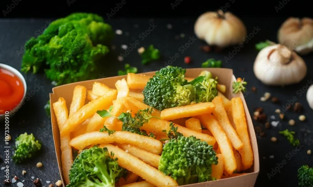 French fries and broccoli in a cardboard box
