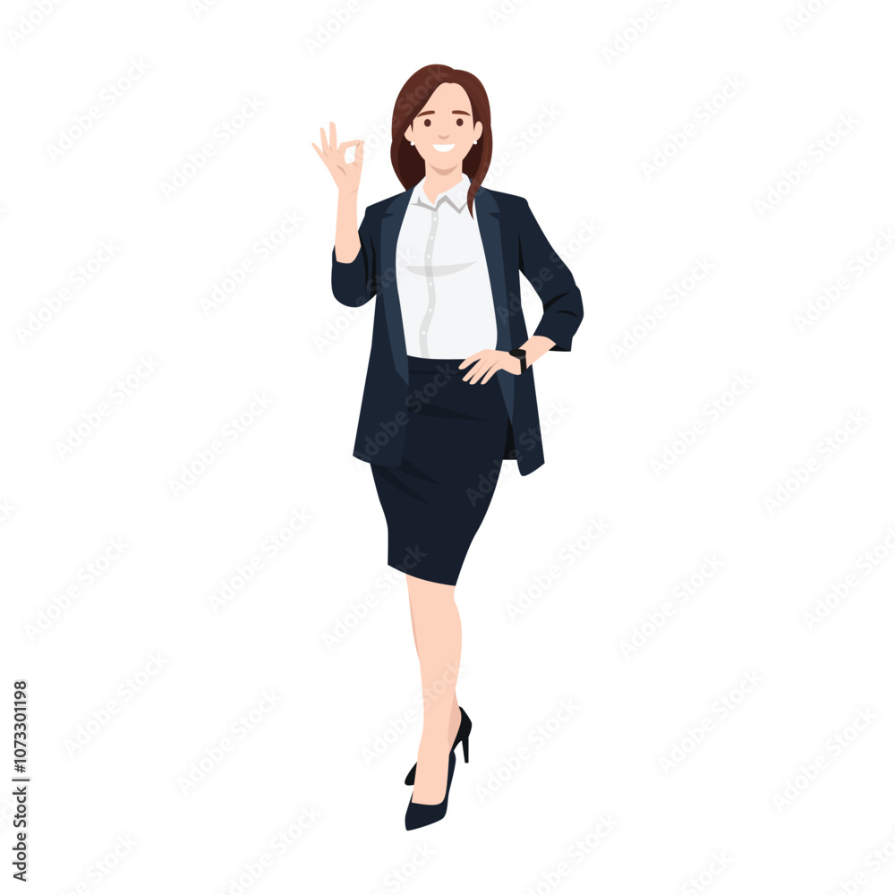 Young business woman gesturing ok sign. Flat vector illustration isolated on white background Young business woman gesturing ok sign. Flat vector illustration isolated on white background