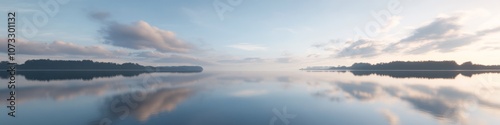 serene lake landscape, mirror-like water surface, dramatic cloudscape, golden hour light, distant treeline, panoramic reflection, photorealistic rendering