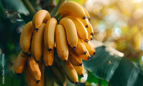 Bunch of bananas hanging from the tree in the sunlight