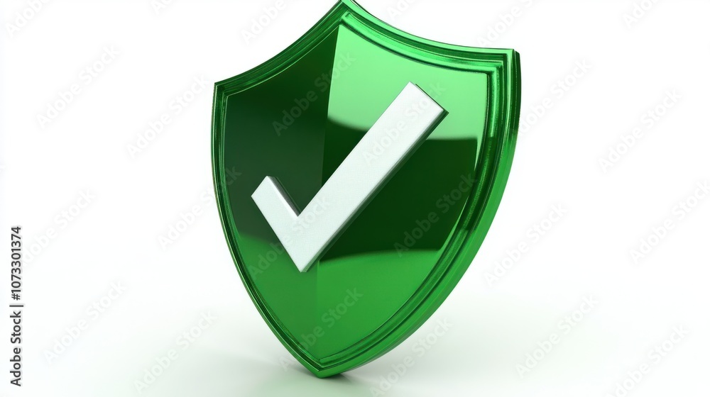 Metallic green shield with a large checkmark, isolated on white, symbolizing security verification Metallic green shield with a large checkmark, isolated on white, symbolizing security verification