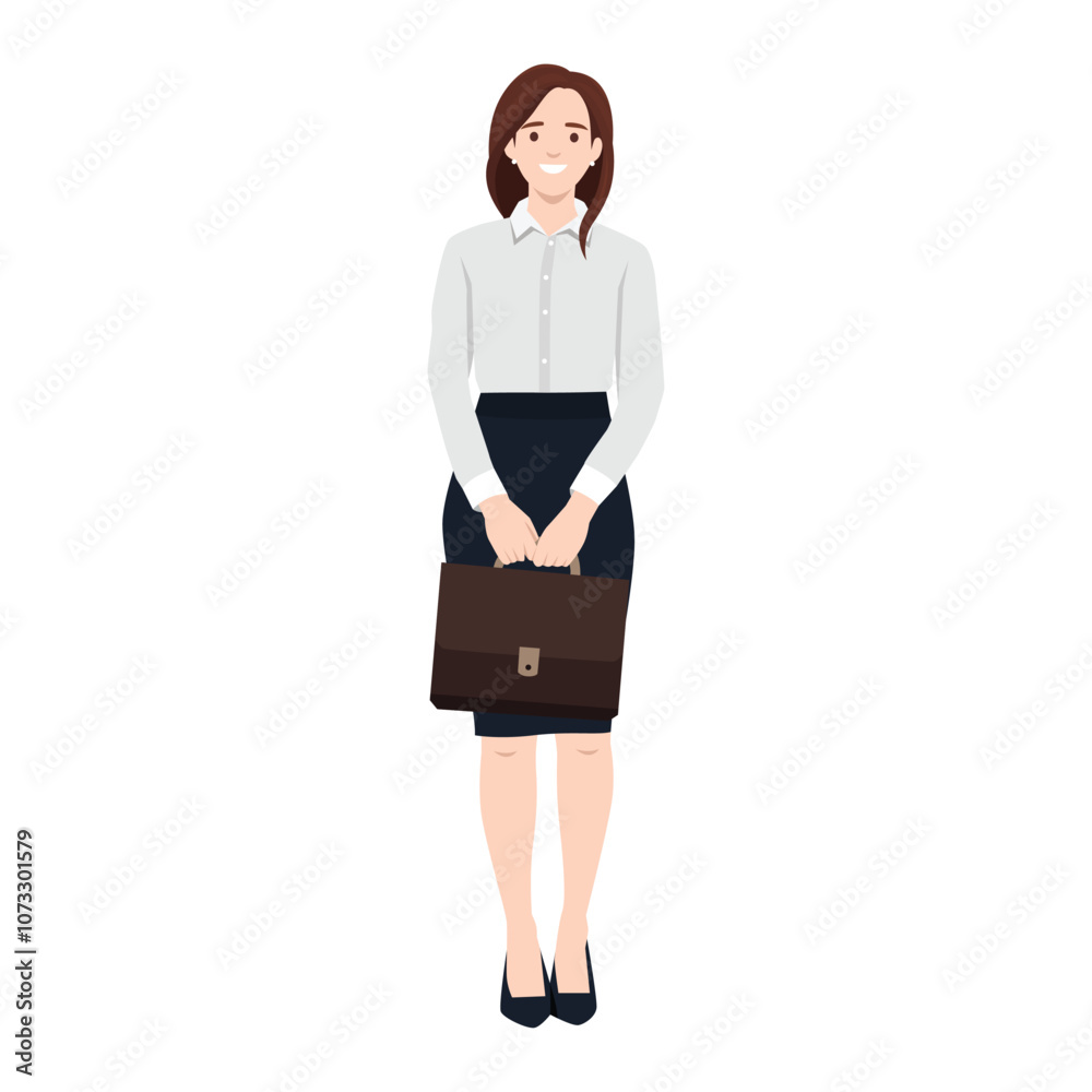 Elegant business woman with suitcase. Flat vector illustration isolated on white background Elegant business woman with suitcase. Flat vector illustration isolated on white background