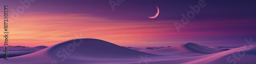 ethereal desert nightfall, sweeping crimson dunes, thin crescent moon, stratified sunset hues, vast arid landscape, photorealistic rendering