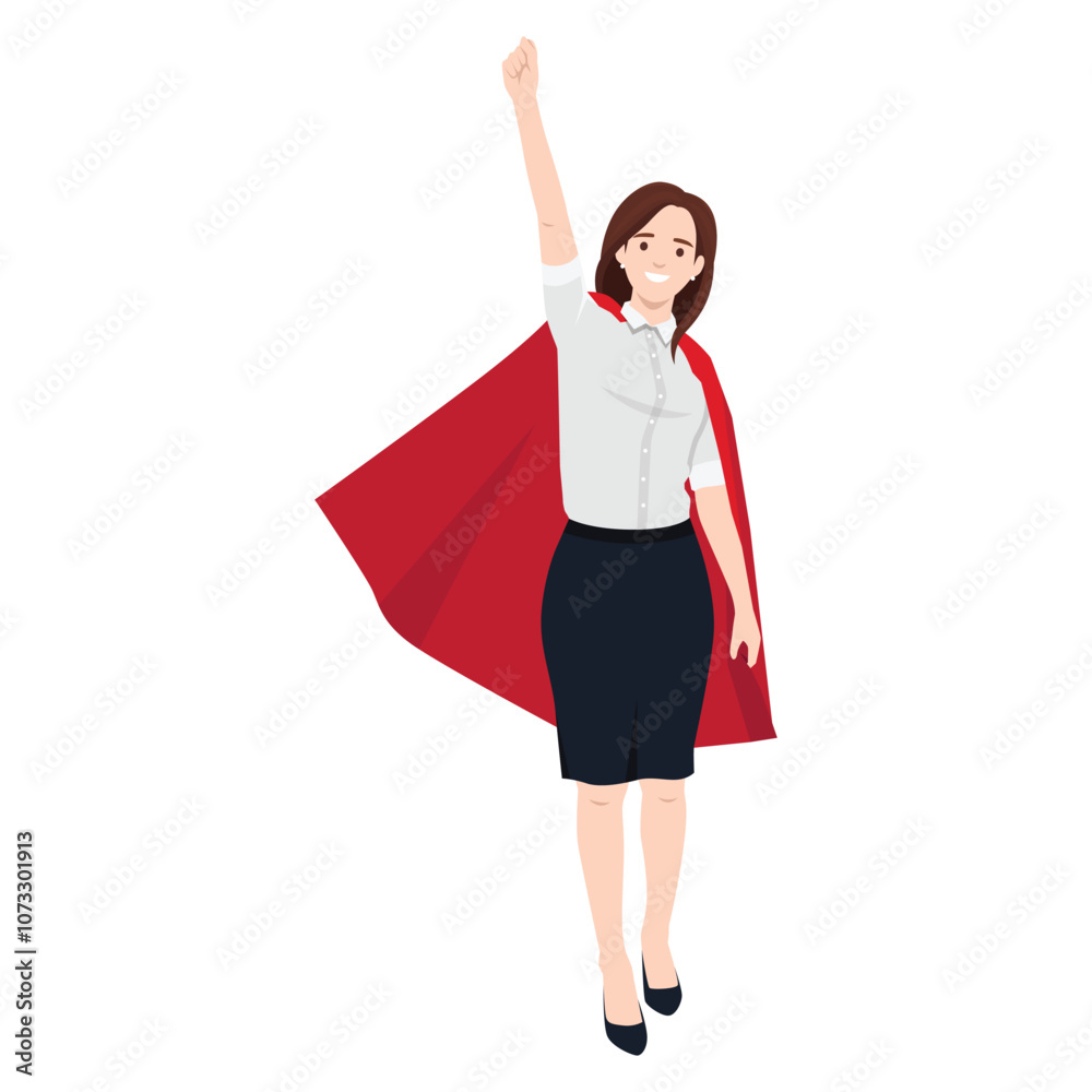 Business woman superhero getting ready to save company for crisis. Flat vector illustration isolated on white background Business woman superhero getting ready to save company for crisis. Flat vector illustration isolated on white background