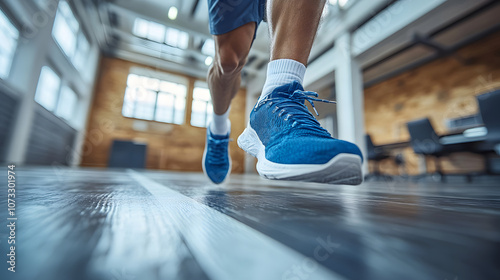 Man crossing a symbolic finish line in an office, celebrating promotion and career growth