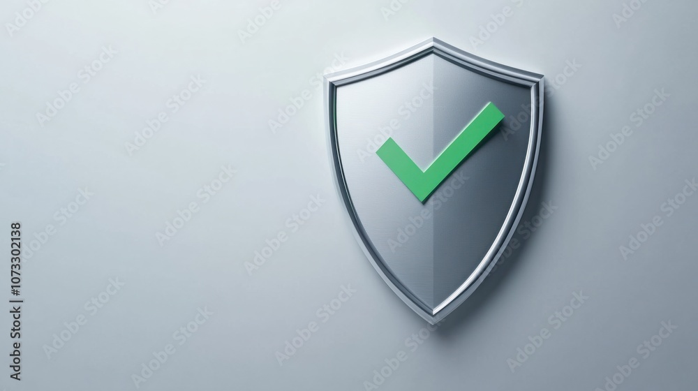 Silver shield with green checkmark icon, isolated on a clean white background, symbolizing safety Silver shield with green checkmark icon, isolated on a clean white background, symbolizing safety