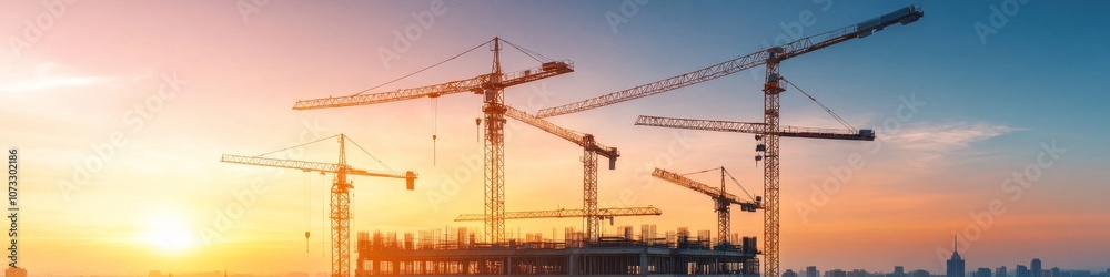metropolitan development at golden hour, crane-dotted horizon, rich gradient sky, partially built structures, twinkling site lights, cinematic urban vista metropolitan development at golden hour, crane-dotted horizon, rich gradient sky, partially built structures, twinkling site lights, cinematic urban vista