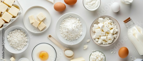 A clean and simple image displaying various dairy products neatly organized on a white surface, including milk, cheese, yogurt, cream, butter, eggs, and flour. photo