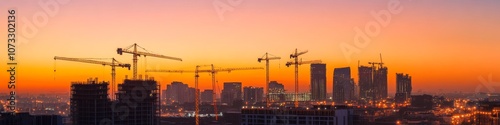 metropolitan development at golden hour, crane-dotted horizon, rich gradient sky, partially built structures, twinkling site lights, cinematic urban vista