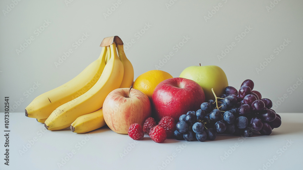 A neat arrangement of assorted fruits, including apples, bananas, grapes, and berries, displayed on a clean table. The background is a solid A neat arrangement of assorted fruits, including apples, bananas, grapes, and berries, displayed on a clean table. The background is a solid