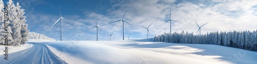 Wallpaper Mural renewable energy landscape, frosted coniferous forest, curving snow-laden road, imposing wind turbines, celestial cloudscape, panoramic winter wonderland Torontodigital.ca