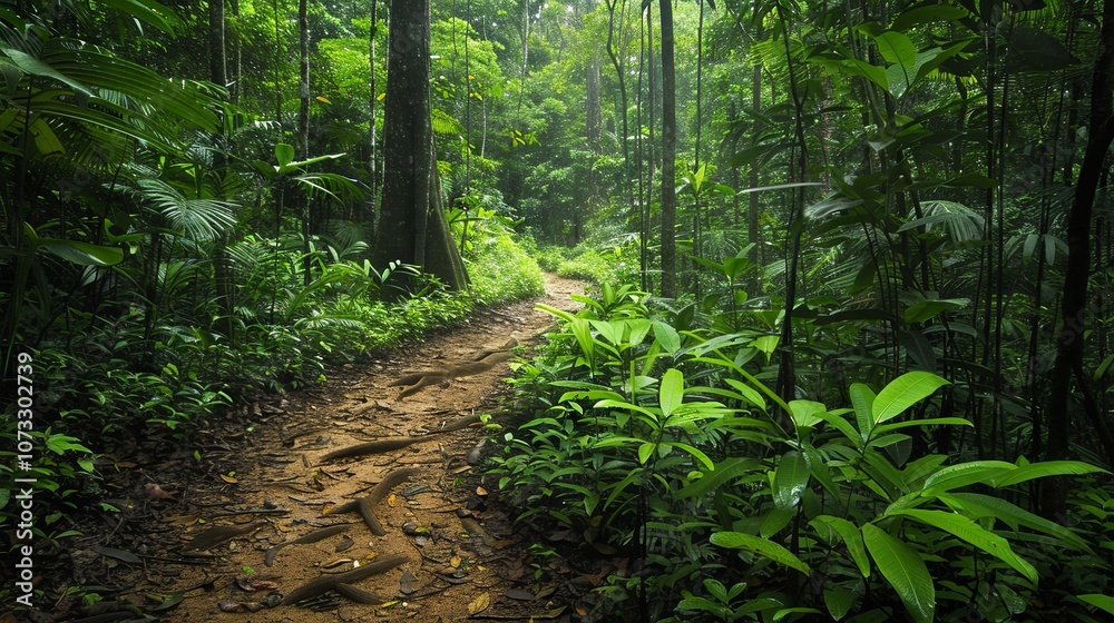 A scenic path winding through a vibrant, green forest A scenic path winding through a vibrant, green forest