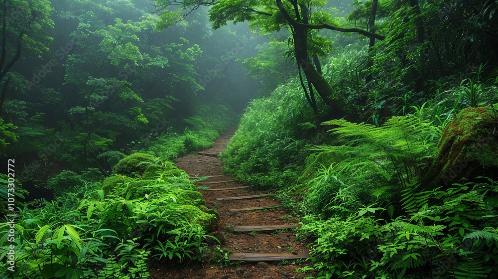 A scenic path winding through a vibrant, green forest A scenic path winding through a vibrant, green forest