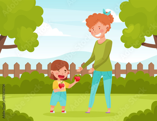 Polite Girl Character Share Apple with Mom Having Good Manners Vector Illustration