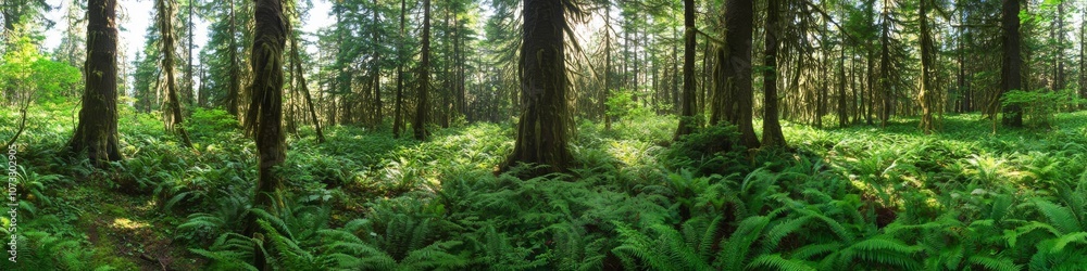 dense coniferous forest panorama, dappled sunlight through tall pine trees, lush green ferns and moss ground cover, natural forest light rays, pristine wilderness landscape, ultra detailed foliage, dense coniferous forest panorama, dappled sunlight through tall pine trees, lush green ferns and moss ground cover, natural forest light rays, pristine wilderness landscape, ultra detailed foliage,