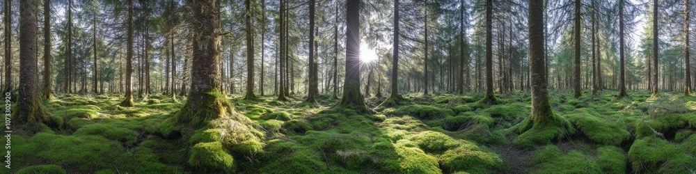 Fototapeta premium majestic pine forest interior, verdant woodland undergrowth, dramatic sun stars through tree canopy, morning light rays, fresh green moss carpet, peaceful forest scene, panoramic nature composition,