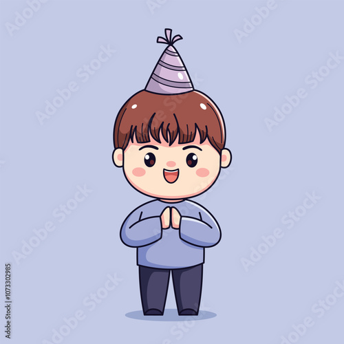 Cute cartoon boy celebrating new year or birthday party chibi kawaii