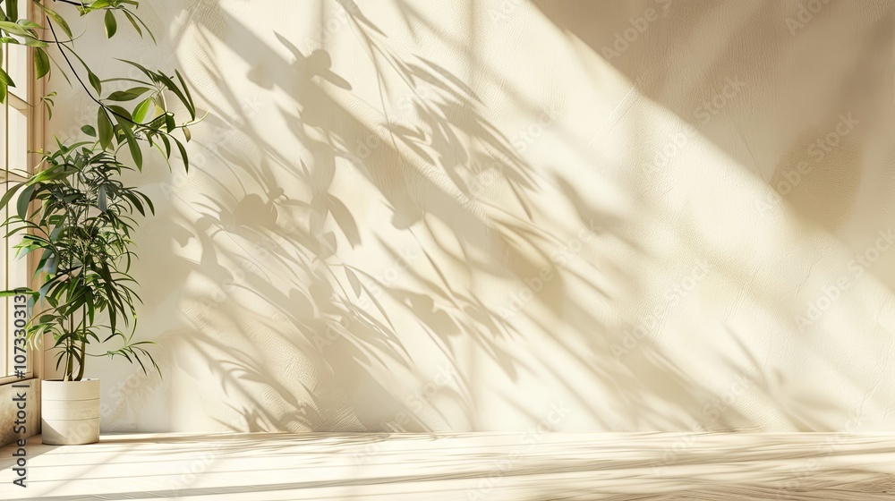 Minimalist abstract light beige background for product display, featuring soft, intricate shadows cast by a window and plants on the wall Minimalist abstract light beige background for product display, featuring soft, intricate shadows cast by a window and plants on the wall
