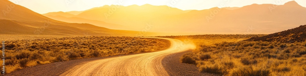 Fototapeta premium curved mountain road stretching into distance, desert sage brush, sun setting behind peaks, dusty golden landscape, rugged terrain, sweeping vista, crisp afternoon light, panoramic wilderness shot