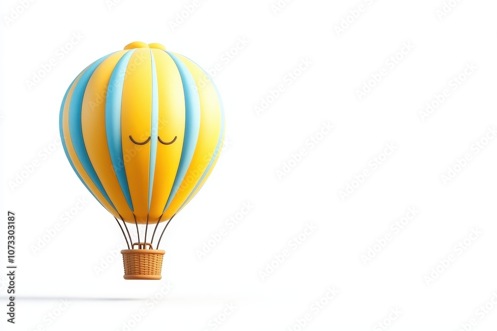 A cheerful hot air balloon floating against a bright white background, isolated on white background.