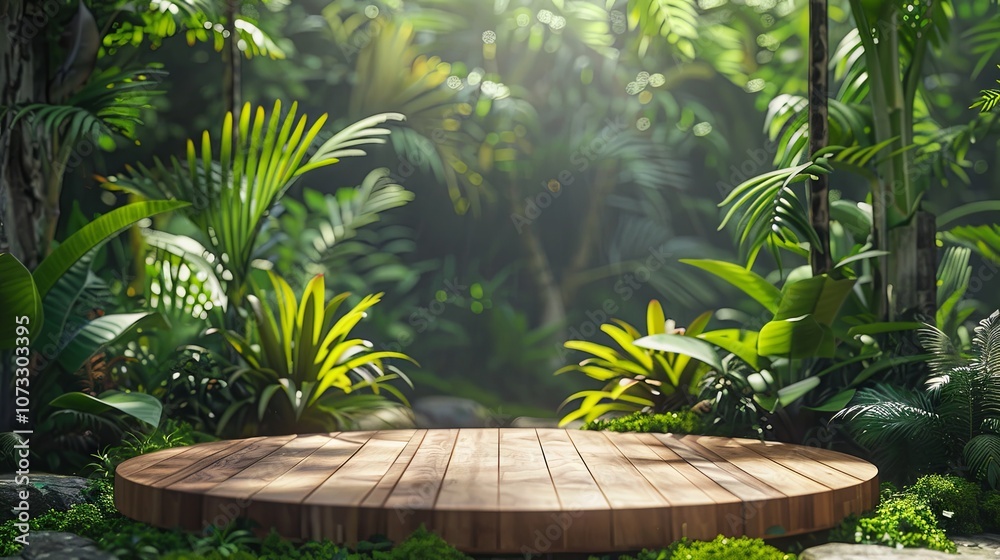 Wooden platform set in a tropical forest, ideal for product presentation with a lush green backdrop Wooden platform set in a tropical forest, ideal for product presentation with a lush green backdrop