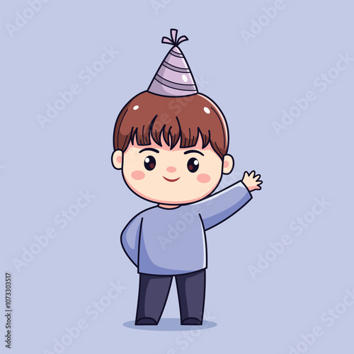 Cute cartoon boy celebrating new year or birthday party chibi kawaii