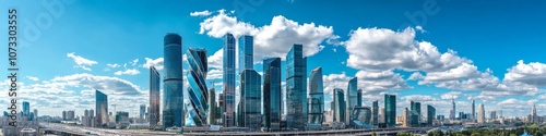 modern metropolitan cityscape, futuristic glass skyscrapers, busy urban highway, street lamps lineup, mixed architecture styles, summer blue sky, puffy white clouds, bustling city life