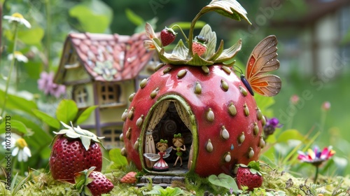 A charming house shaped like a strawberry, surrounded by a lush green garden. Its unique design stands out, blending whimsical charm with the beauty of nature in a vibrant, refreshing setting.