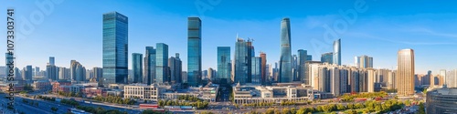 vibrant city center view, gleaming glass towers, historic low-rise buildings, busy arterial road, urban infrastructure, mixed transportation, summer day atmosphere, architectural contrast photography