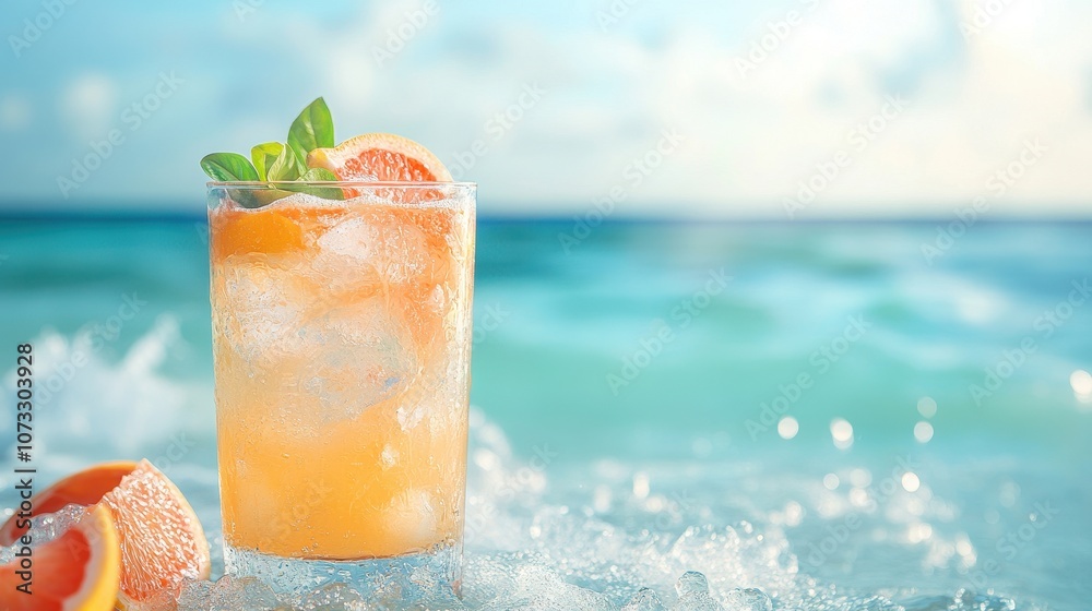 Citrus drink on beach with waves. Perfect for advertising summery beverages or relaxation. Citrus drink on beach with waves. Perfect for advertising summery beverages or relaxation.