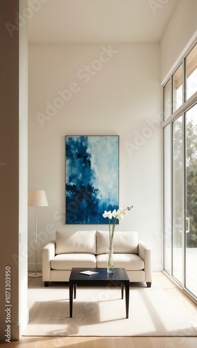 A minimalist living room in light tones. The only bright accent is a large abstract painting in blue tones on the wall. Minimal furniture in the room. On the table is a single vase with one flower.