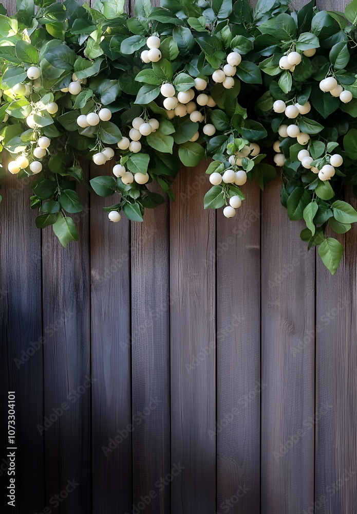 Green foliage with white berries on wooden background, space for text Green foliage with white berries on wooden background, space for text