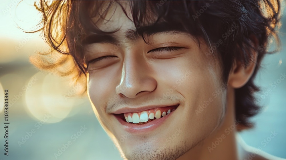 A young man blushes while lowering his head and smiling. His face clearly shows his shyness. The natural light makes the image look soft and friendly. A young man blushes while lowering his head and smiling. His face clearly shows his shyness. The natural light makes the image look soft and friendly.