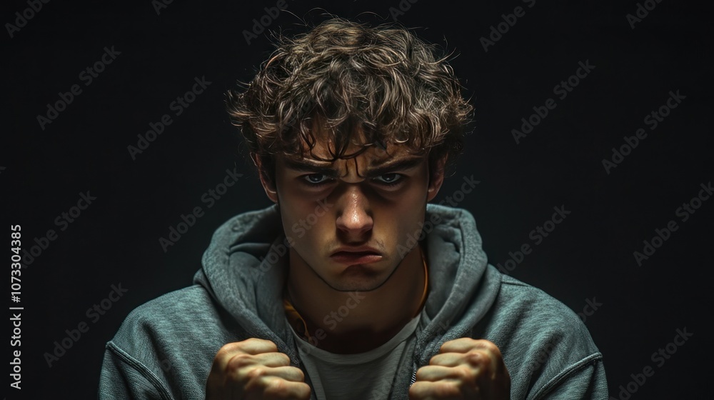 Obraz premium A young man clenched his fists and frowned, his face full of anger and dissatisfaction, a dark background to emphasize the intensity of the emotion.