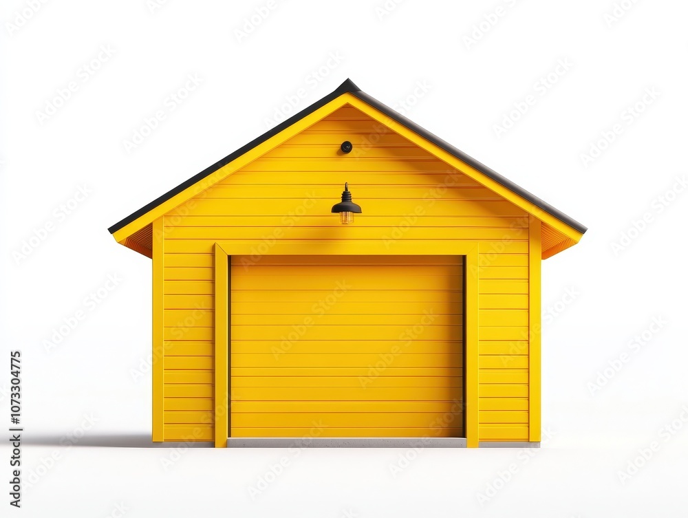 Bright yellow house with a garage and modern design, isolated on white background.
