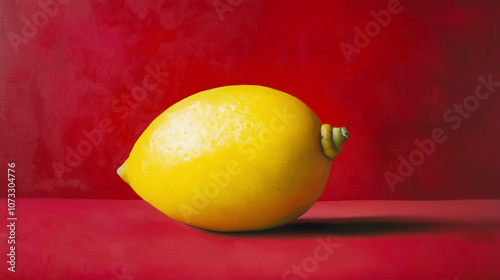 A yellow lemon set against a rich crimson red background, emphasizing the lemona??s bright color and texture. The solid red backdrop enhances the visual impact of the lemon, photo