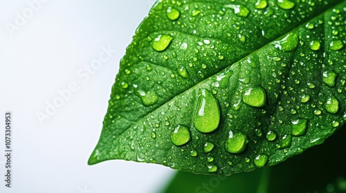 Close-up of a green leaf with water droplets, highlighting nature's beauty and freshness, isolated on white background.