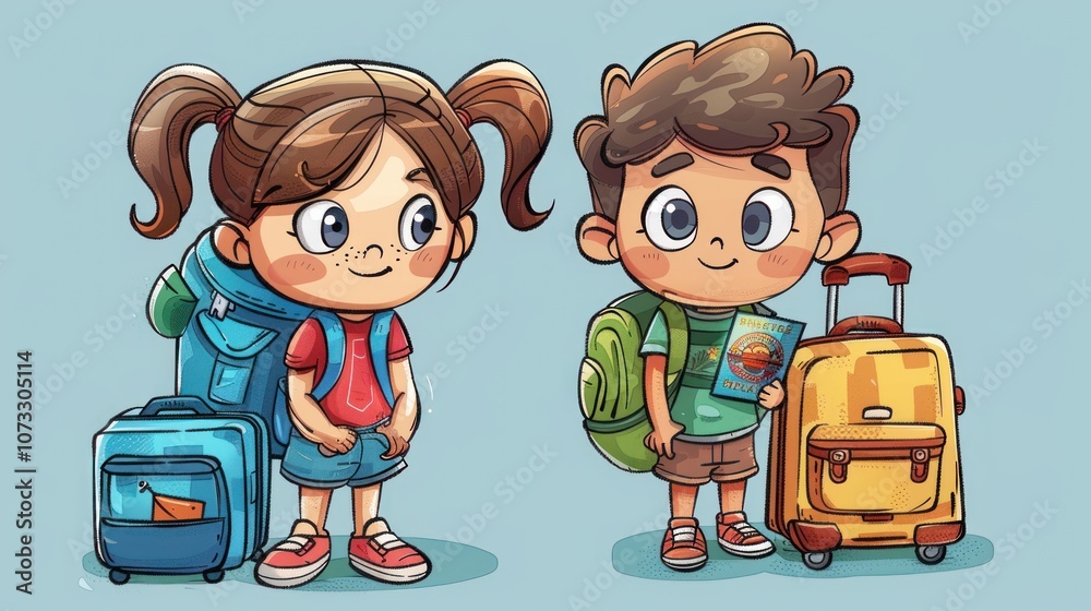 Boy and girl standing next to large suitcases ready for travel. Boy and girl standing next to large suitcases ready for travel.