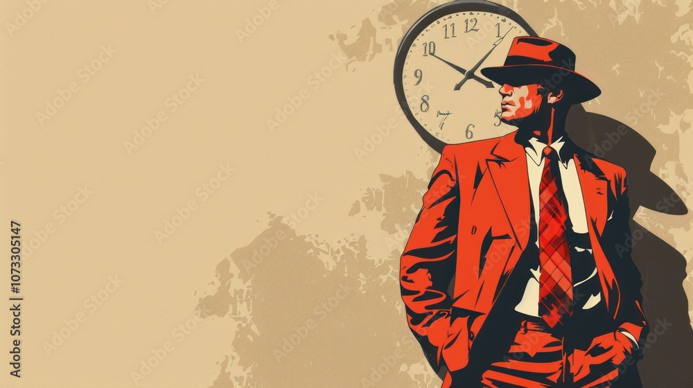 Fototapeta premium A man in an old-fashioned suit and a retro hat standing in front of an antique wall clock.