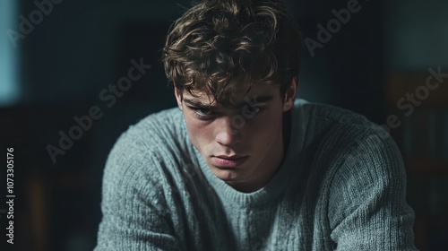 A young man sits with his head bowed in a dark room, looking sad and disheartened. The atmosphere is gloomy to emphasize the emotional pain.