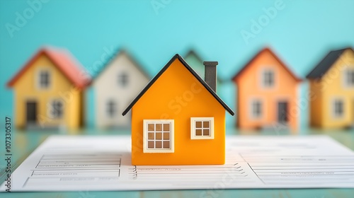 Miniature Yellow House on Property Inspection Checklist Surrounded by Colorful Homes Symbolizing Home Inspections and Real Estate Property Analysis