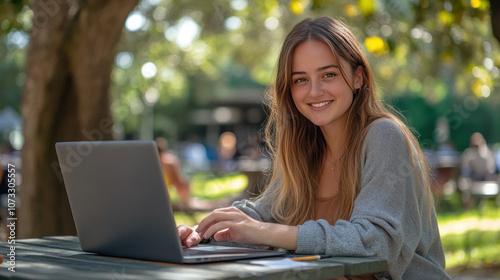 A young woman is sitting at a park working, using her laptop on a picnic table. Her face has a smile that shows her comfort in working in a refreshing environment.