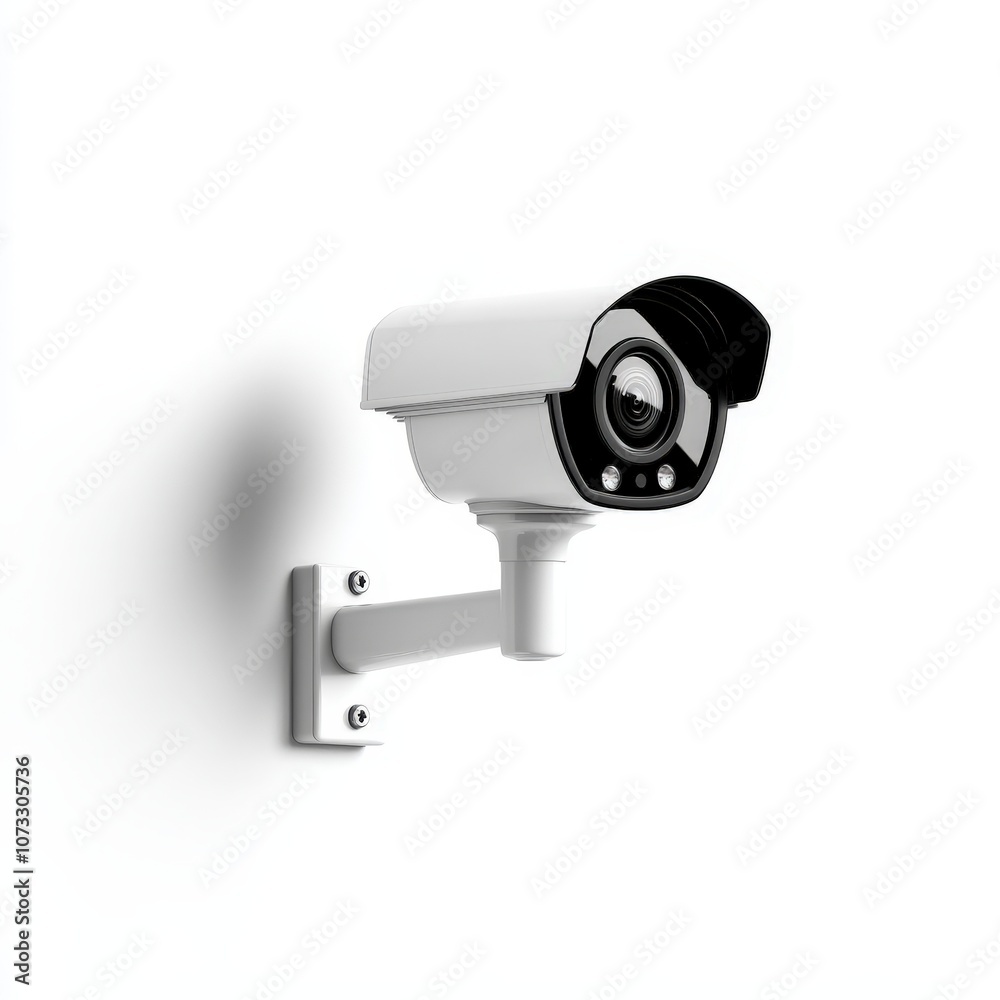 High-quality security camera mounted on a wall for surveillance and safety monitoring, isolated on white background. High-quality security camera mounted on a wall for surveillance and safety monitoring, isolated on white background.