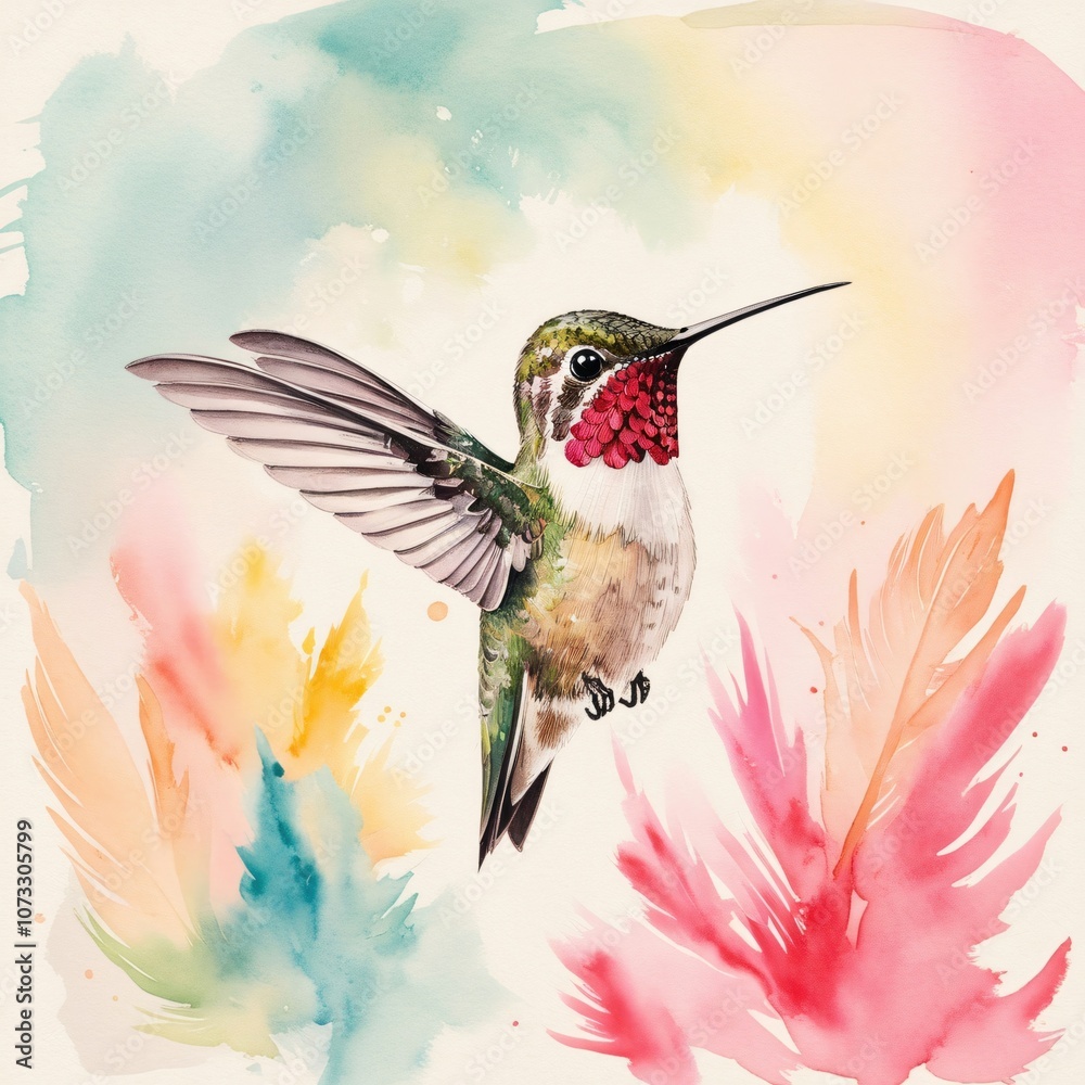 Fototapeta premium Watercolor Painting of Hummingbird in Flight