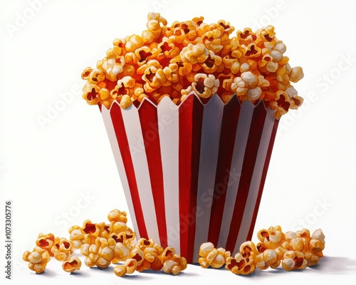 A vibrant and enticing bucket of freshly popped popcorn, perfect for movie nights or snack time, showcasing a fun red and white design. photo