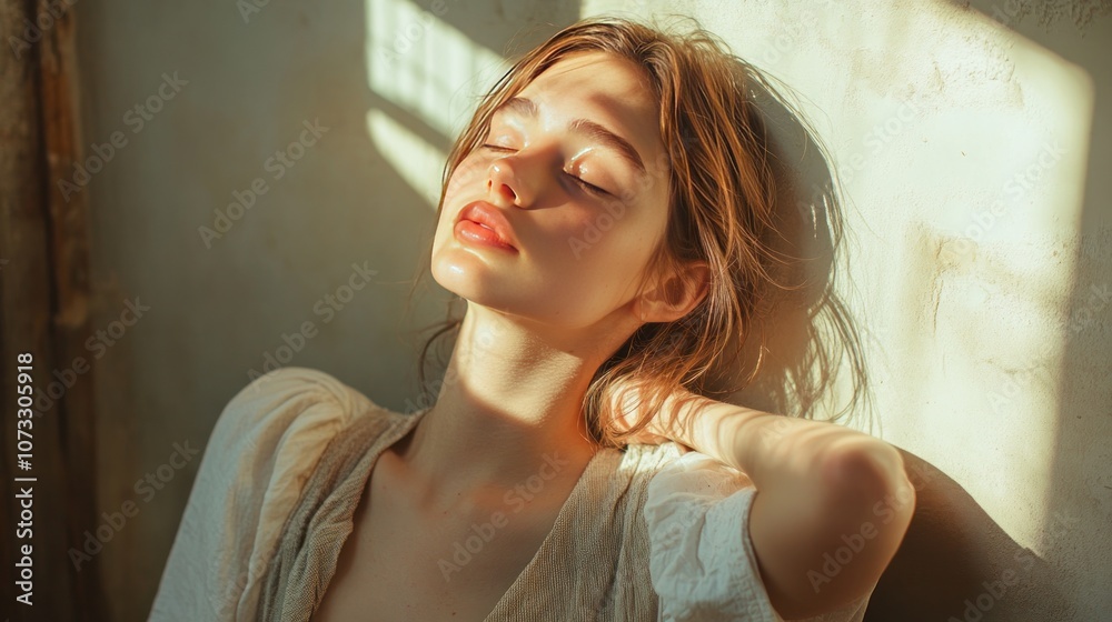 A young woman leans against a wall, her hands on her back and her eyes closed in exhaustion. The light from the side emphasizes her exhausted mood. A young woman leans against a wall, her hands on her back and her eyes closed in exhaustion. The light from the side emphasizes her exhausted mood.